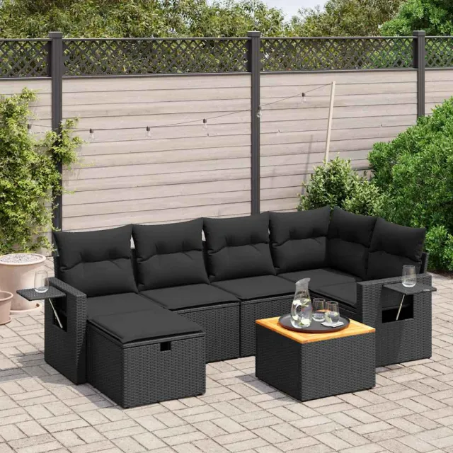 vidaXL 7-delige Loungeset met kussens poly rattan zwart, foto 2