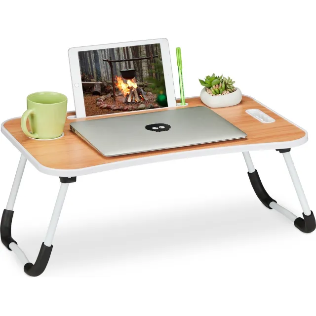 Relaxdays laptoptafel bed en bank - 26 x 63 x 40 cm - inklapbaar - schoottafel met tablethouder - lichtbruin-wit