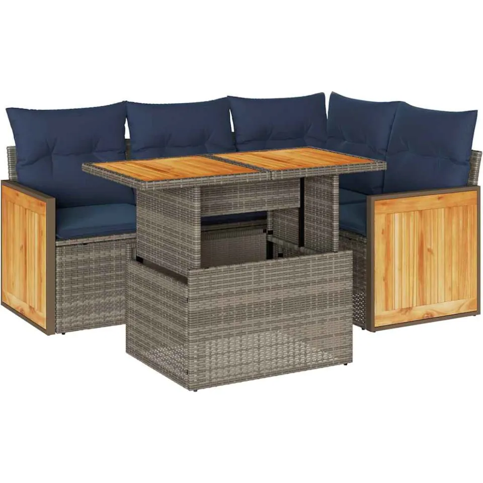 vidaXL 5-delige Loungeset met kussens poly rattan acacia grijs, foto 3