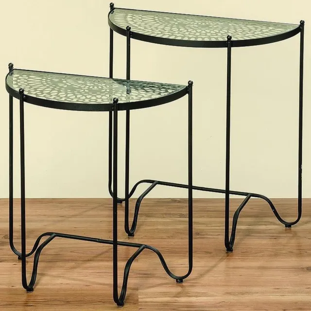 Boltze Tafel - 2 set - Zwart - Smeedijzer - 65 cm - 75 cm - Half Rond - Glasplaat