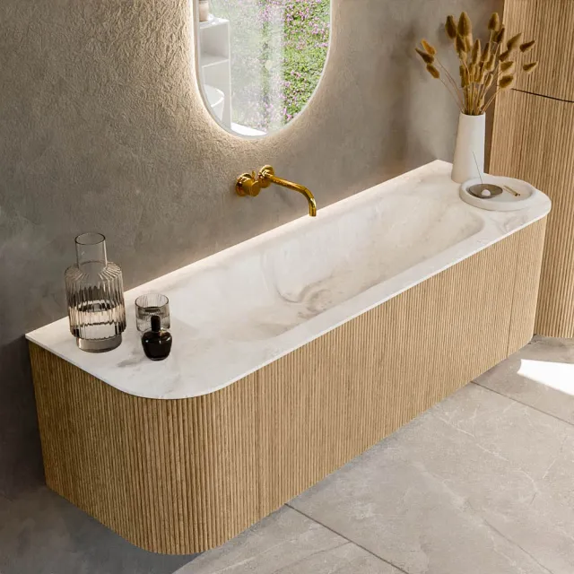 Mondiaz KURVE-DLUX 150 cm Onderkast Greeploos 1 Lade Met Deuren Oak, Wastafel Solid Surface Midden Frappe 0 Kraangaten Zonder Spiegel (KRVBGM150L+R1L2D0KM-Oak/Fra)