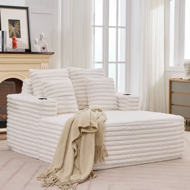 OKWISH Chaise Longue 2-Zits 135 Bij 128 Cm - Zacht Imitatiebont Met Bekerhouders - Voor Woonkamer, Kantoor Of Studentenwoning - Wit