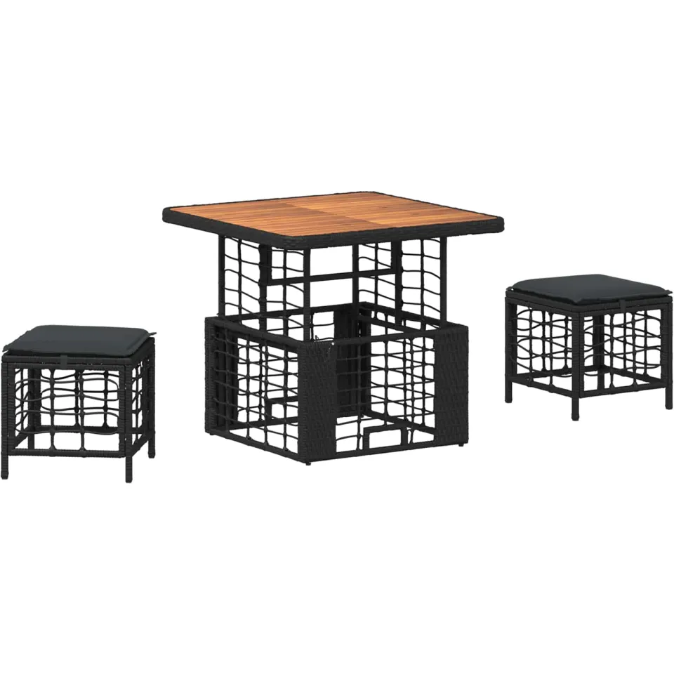 vidaXL Tuin eettafelset 3 st Zwart en Grijs Poly Riet en Acaciahout