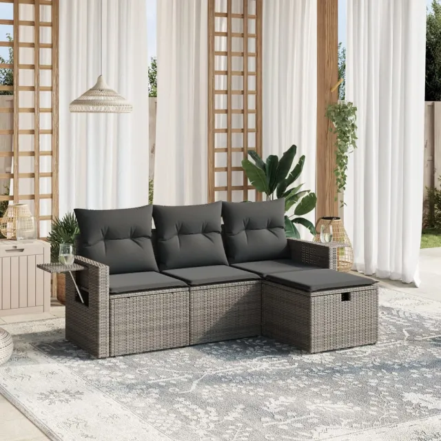 vidaXL 4-delige Loungeset met kussens poly rattan grijs, foto 2