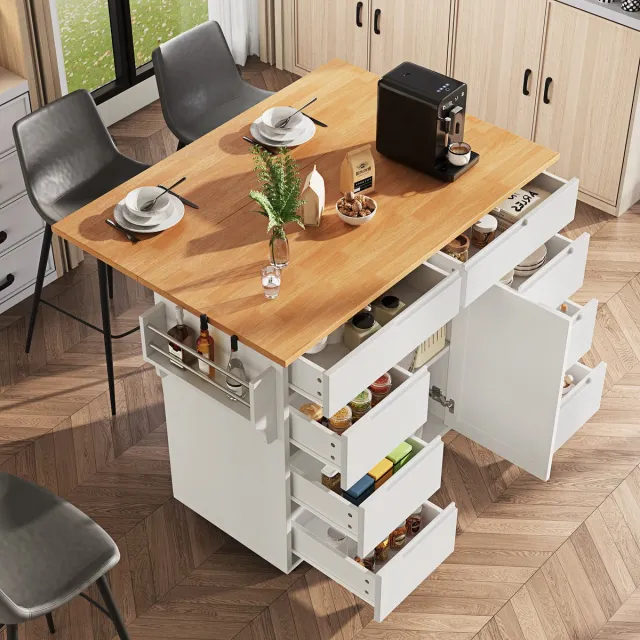 STILVORA Keukeneiland - Uittrekbare Wagen Met Opklapbaar Werkblad - 8 Laden En Verstelbare Plank - Serveerwagen Voor Keuken - MDF - 122x46x91.5 cm - Wit