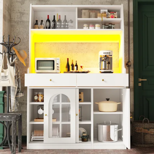 Maisentiel Witte buffetkast 120 x 40 x 180 cm met glazen schuifdeuren, 2 lades en ledverlichting