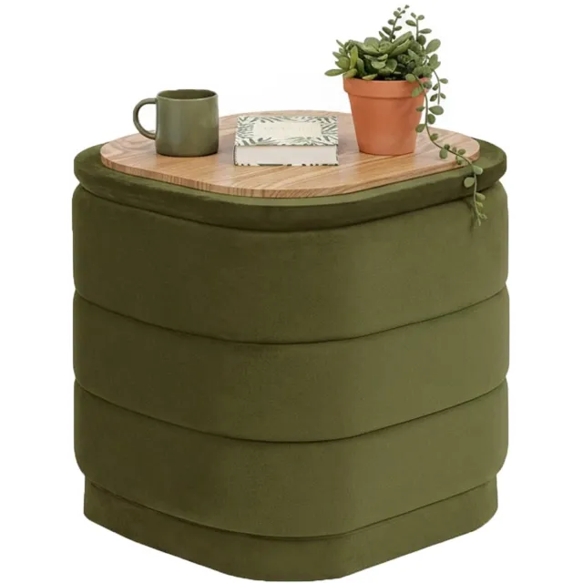 Famanu Poef met opbergruimte, opvouwbare voetensteun met tafel, multifunctionele voetensteun voor woonkamer en slaapkamer, olijfgroen fluweel, 38 x 38 x 38 cm