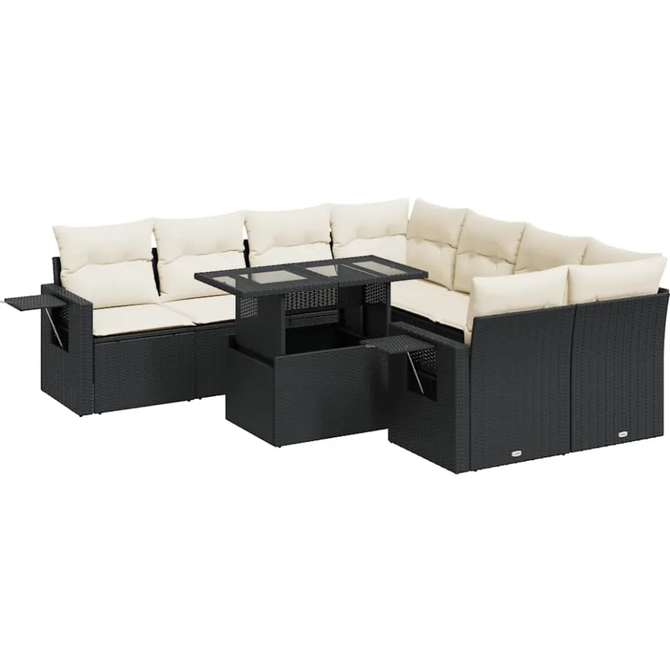 vidaXL 9-delige Loungeset met kussens poly rattan zwart, foto 3