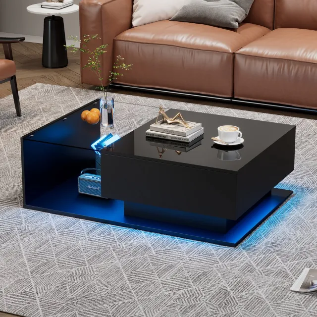 Merax Hoogglans salontafel 100x50x32 cm - met glazen blad en lade - met LED-verlichting - zwart