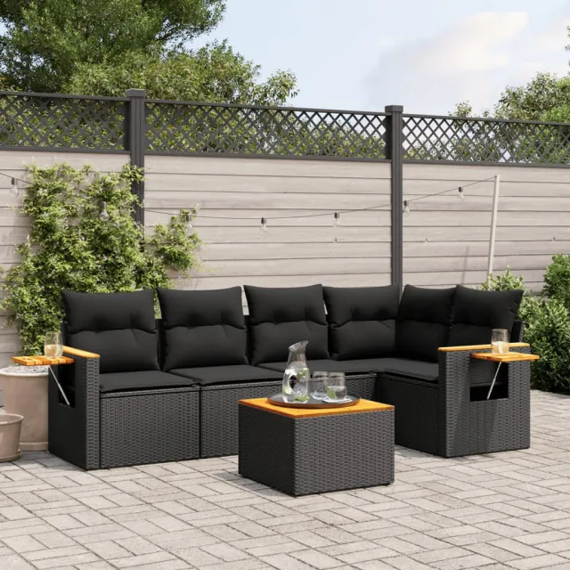 vidaXL 6-delige Loungeset met kussens poly rattan zwart, foto 2
