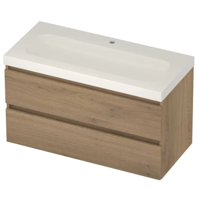 Basic-Line Moby 46 Badmeubelset Polystone 1 Kraangat Greeploos 100x46x58 cm Pure Oak Glans Wit