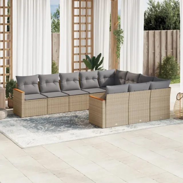 vidaXL 10-delige Loungeset met kussens poly rattan beige, foto 2