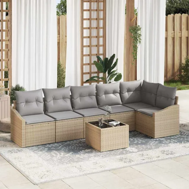 vidaXL Tuinbankenset 7 st Beige en Licht Grijs poly rattan, foto 2