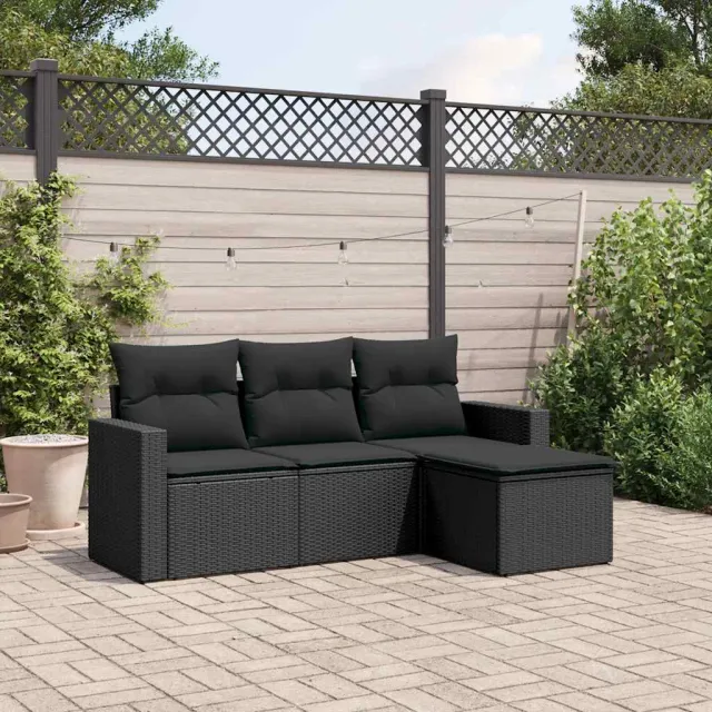 vidaXL 4-delige Loungeset met kussens poly rattan zwart, foto 2
