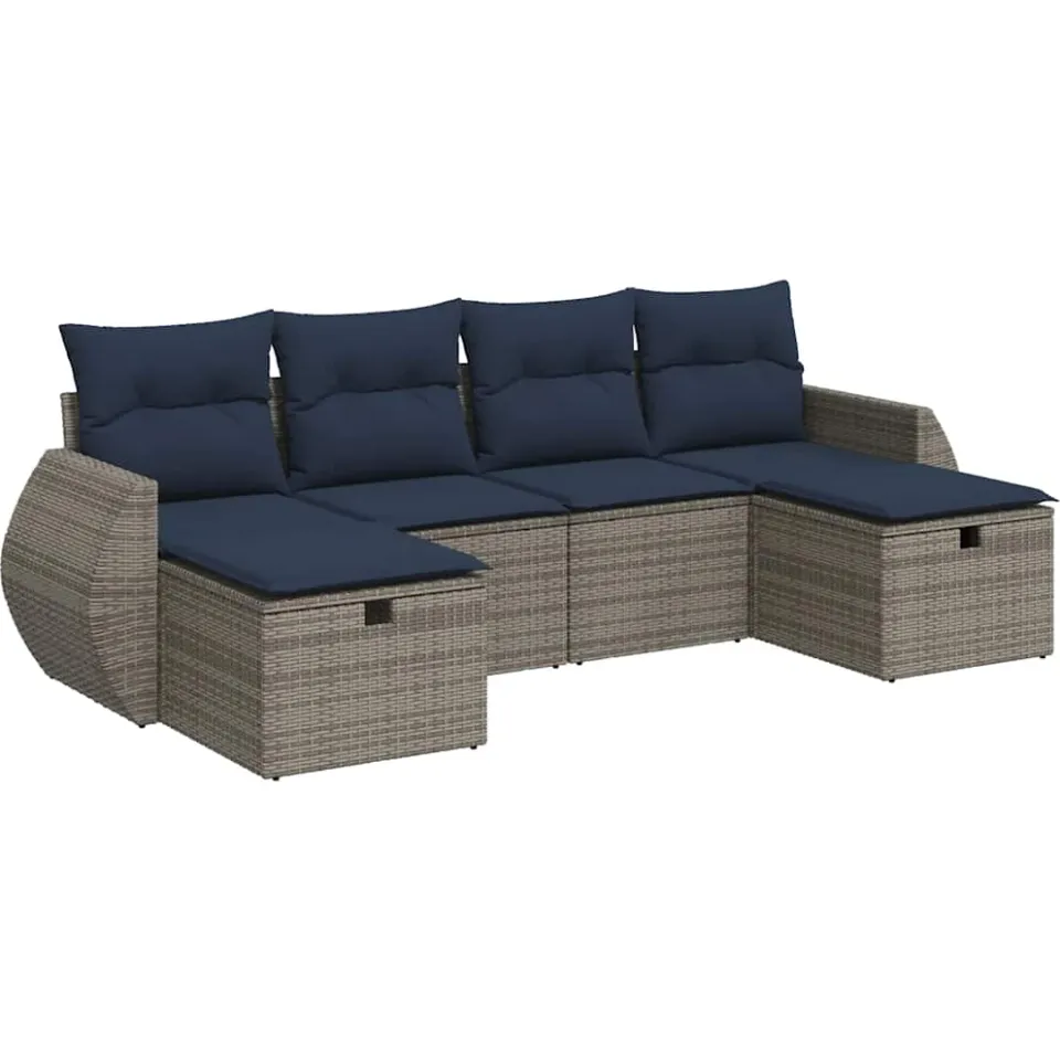 vidaXL 6-delige Loungeset met kussens poly rattan grijs, foto 3