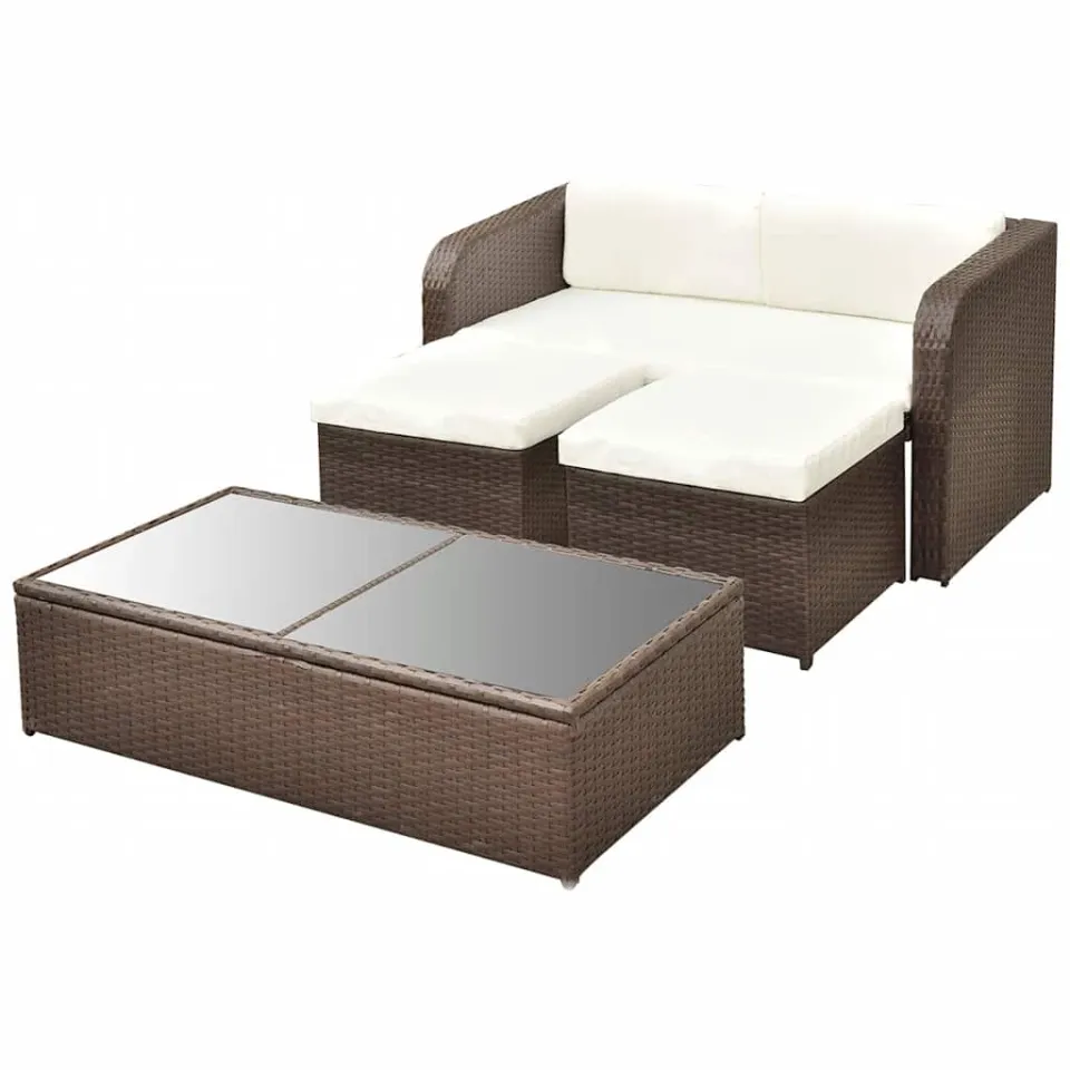 vidaXL 4-delige Loungeset met kussens poly rattan bruin, foto 3