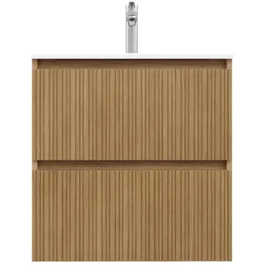 Wastafelonderkast Asime 60cm - Natuurlijk Eikenfineer Houtlook - Met 2 Lades, foto 4