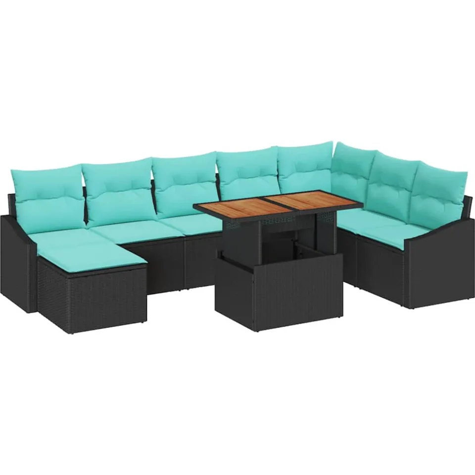 vidaXL Tuinbankenset 9 st Zwart en Teal poly rattan