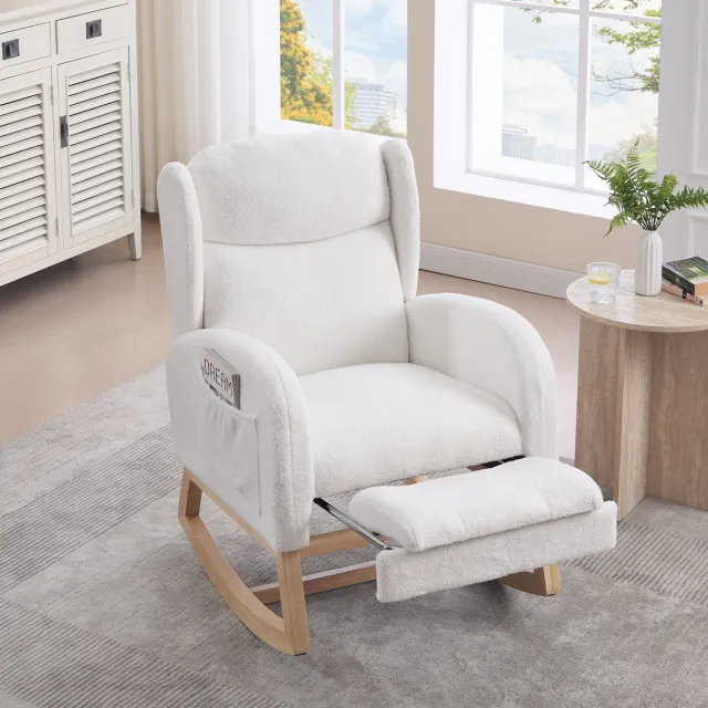 HAUSS SPOLE Schommelstoel - Fauteuil Met Verstelbare Voetensteun En Opbergvakken - Voor Woonkamer, Slaapkamer En Babykamer - Teddy Stof Wit