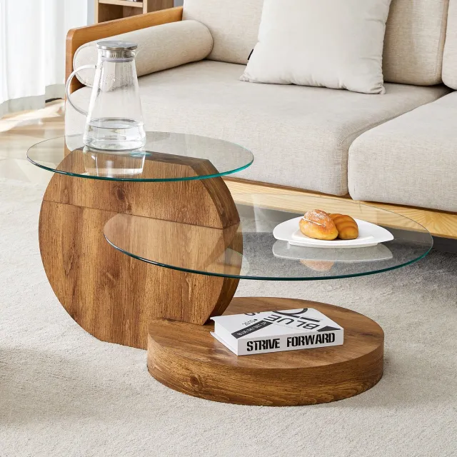 MEUNIQ Salontafel met glazen blad en meerlaagse opbergruimte - 89,9 x 69,9 x 43,2 cm - MDF basis met houtlook - Transparant - Woonkamer