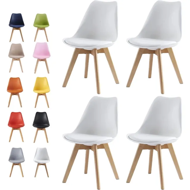 Whoopr® Set van 4 Eetkamerstoelen – Scandinavische Stoelen met Gewatteerde Zitting & Houten Poten – Moderne Designstoelen voor Eetkamer & Keuken wit