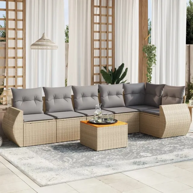 vidaXL 7-delige Loungeset met kussens poly rattan beige, foto 2