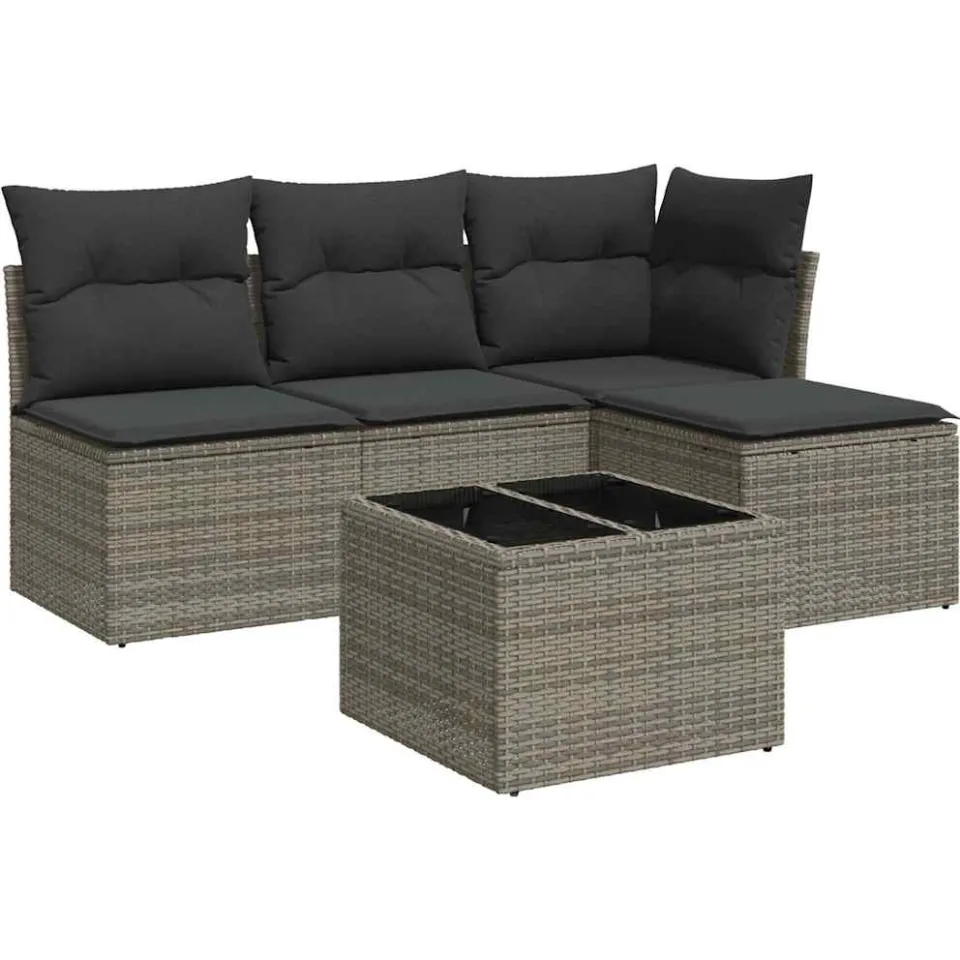 vidaXL 5-delige Loungeset met kussens poly rattan grijs, foto 3