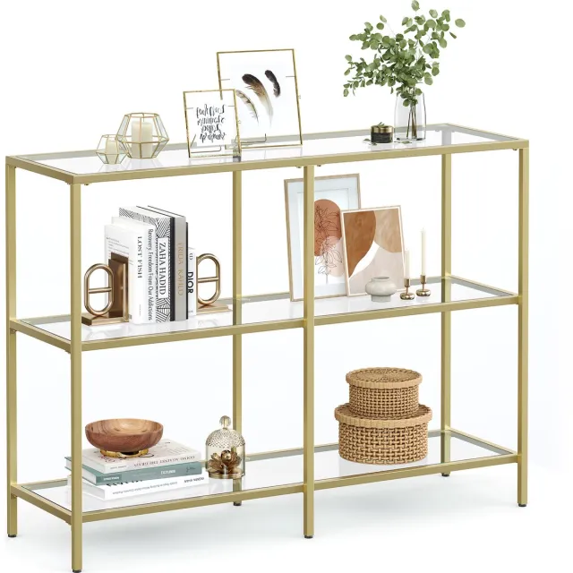 Acaza Sidetable - 3 niveaus - Wandtafel - Goud - 100 x 30 x 73 cm (L x B x H) - Gehard Glas - Haltafel - Consoletafel - Bijzettafel Goud - Console Tafel - Side Table - Sidetable industrieel - Wandtafel goud