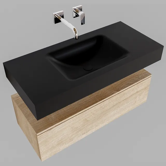 Boss & Wessing Badmeubel Ibiza 100 cm Washed Oak Spoelbak Midden Mat Zwart (1 kraangat)