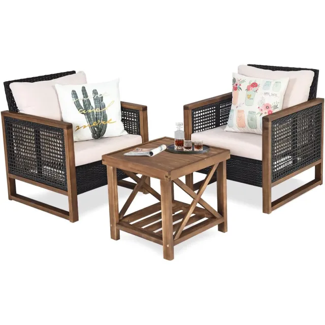 Costway 3-delige tuinmeubelen acaciahout set incl. 2 rotanstoelen en bijzettafel, zitgroep met rugkussens en zitkussens, zitgarnituur voor veranda, balkon Roodbruin