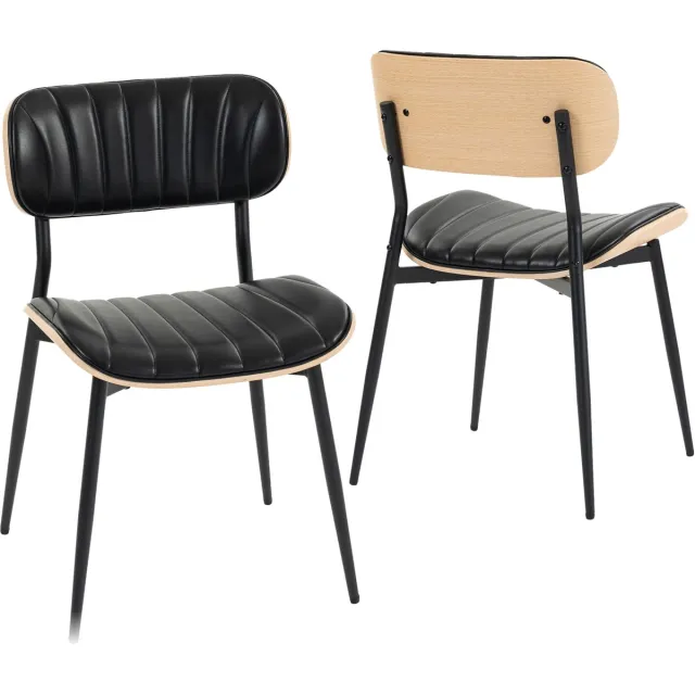 ECTEATOY Eetkamerstoelen Set van 2 - Keukenstoelen - PU Leren Zitting & Gebogen Houten Rugleuning - Zwart - 49.5x49.5x80cm