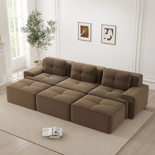OKWISH Hoekbank 3-Zits - Modulaire Slaapfunctie En 3 Hockers - Zachte Cordstof, Zonder Montage Voor Woonkamer En Lounge - Bruin Brown