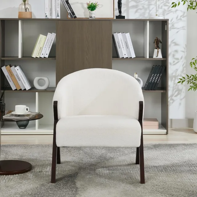 Triumpunpre Accent Fauteuil - Gestoffeerde Leesstoel Met Houten Walnoot Poten - Relax Fauteuil Voor Woonkamer Slaapkamer Kantoor - Diep Walnootkleurige Poot | Teddybont | Beige