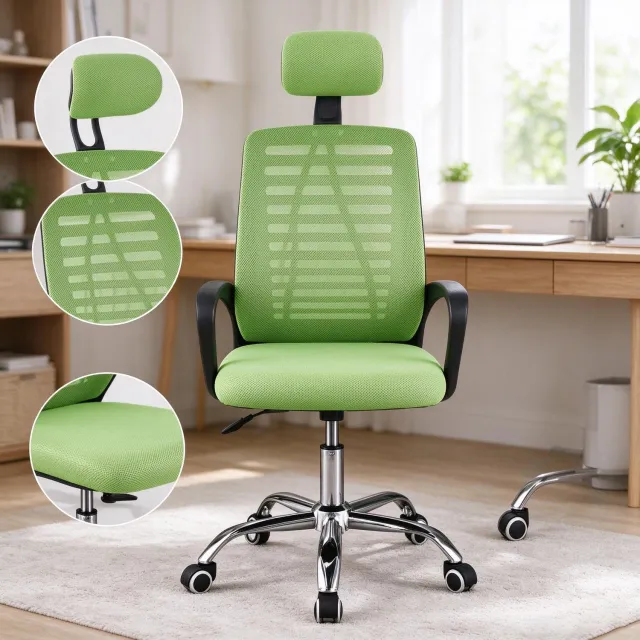 learnlogic In hoogte verstelbare bureaustoel met zwenkwielen en hoofdsteun groen van kleur afmetingen 47x47x116 cm ergonomisch ontworpen voor langdurig zitten en ter voorkoming van rugklachten. groente