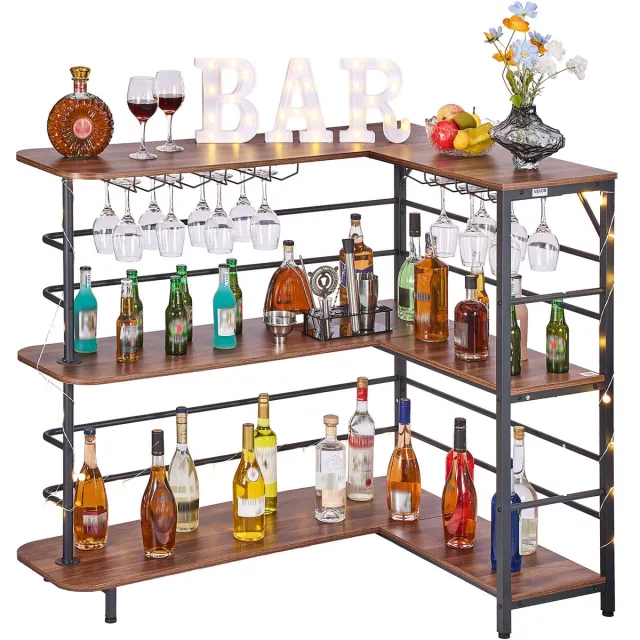 Vevor L-Vormige Thuisbar met Opbergruimte, 3-Laags Bartafel met Wijnglazenhouder, Draagvermogen 99,8 Kg, Hoekbartafel van Bewerkt Hout voor Thuis, Keuken, Woonkamer, Kelder, Bartafel 1200 X 900 X 1095 mm Bruin