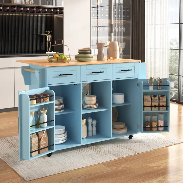 DESMIU Keukenwagen - Opklapbaar Werkblad Met Lades En Opbergruimte - Voor Keuken En Eetkamer - Blauw Met Houtlook - 139x46(71)x91,5 Cm