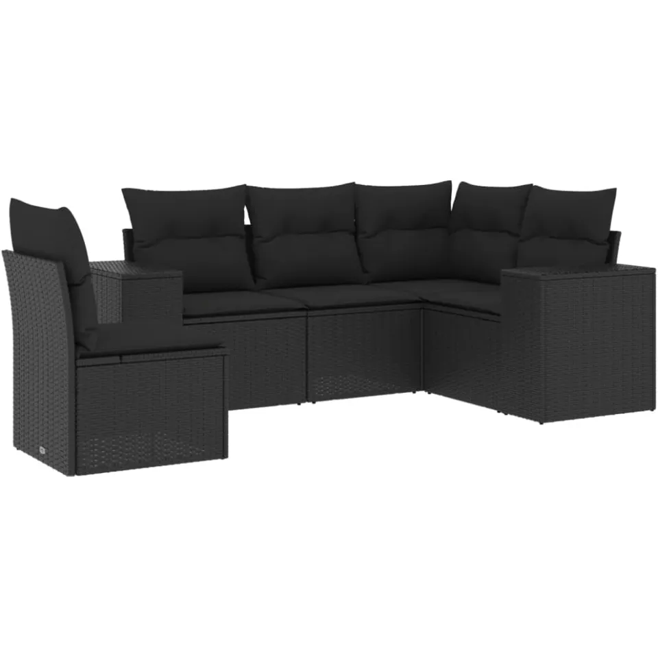 vidaXL 5-delige Loungeset met kussens poly rattan zwart, foto 3