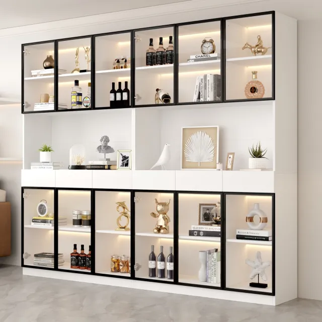 DESMIU Vitrinekast - Met Led Verlichting En Verstelbare Planken - Voor Woonkamer Slaapkamer En Kantoor - Spaanplaat Glas - 30x240x200 Cm Wit