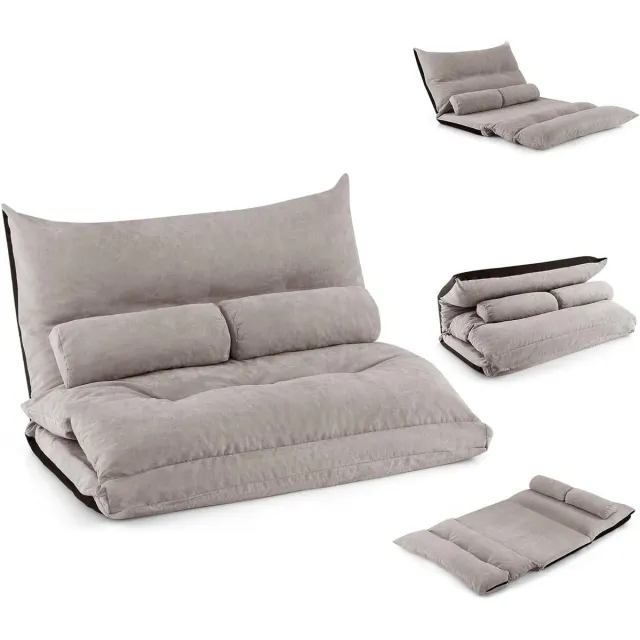 KOMFOTTEU Vloersofa met slaapfunctie, 3-in-1 slaapbank met verstelbare rugleuning, kussens en schuimrubber, belastbaar tot 150 kg, slaapstoel, opklapbare sofa voor woonkamer en slaapkamer (grijs)