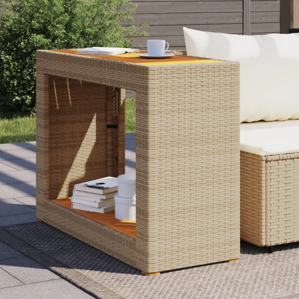 vidaXL Tuinbijzettafel met houten blad 100x40x75 cm poly rattan beige, foto 3