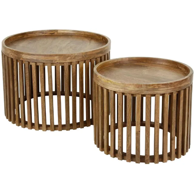 Nest of Nora Salontafel set Milan - Set van 2 rond - Massief mangohout - Bijzettafel Lichtbruin