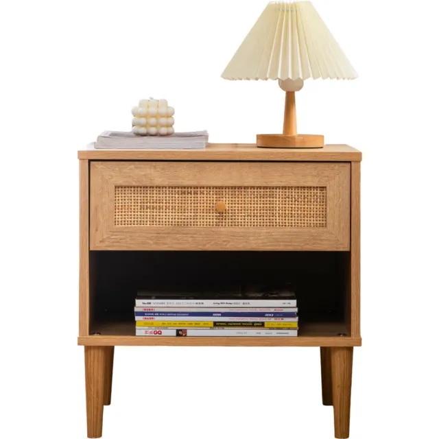 Acaza Nachtkastje - Nachtkastjes - Eiken kleur - 48 x 39 x 49 cm (B x D x H) - Rotan accent - Nachtkastjes - Kast - Kasten - Rotan Kast - Kast met Lades - Table de chevet - Nachtkastjes Modern Eik 1 lade