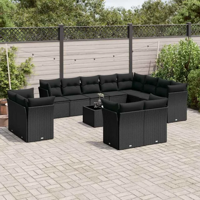 vidaXL 13-delige Loungeset met kussens poly rattan zwart, foto 2
