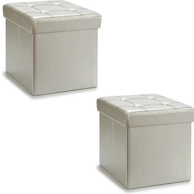 Giftdecor Poef Square BOX - 2x - hocker - opbergbox - zilvergrijs - polyester/mdf - 31 x 31 cm - opvouwbaar