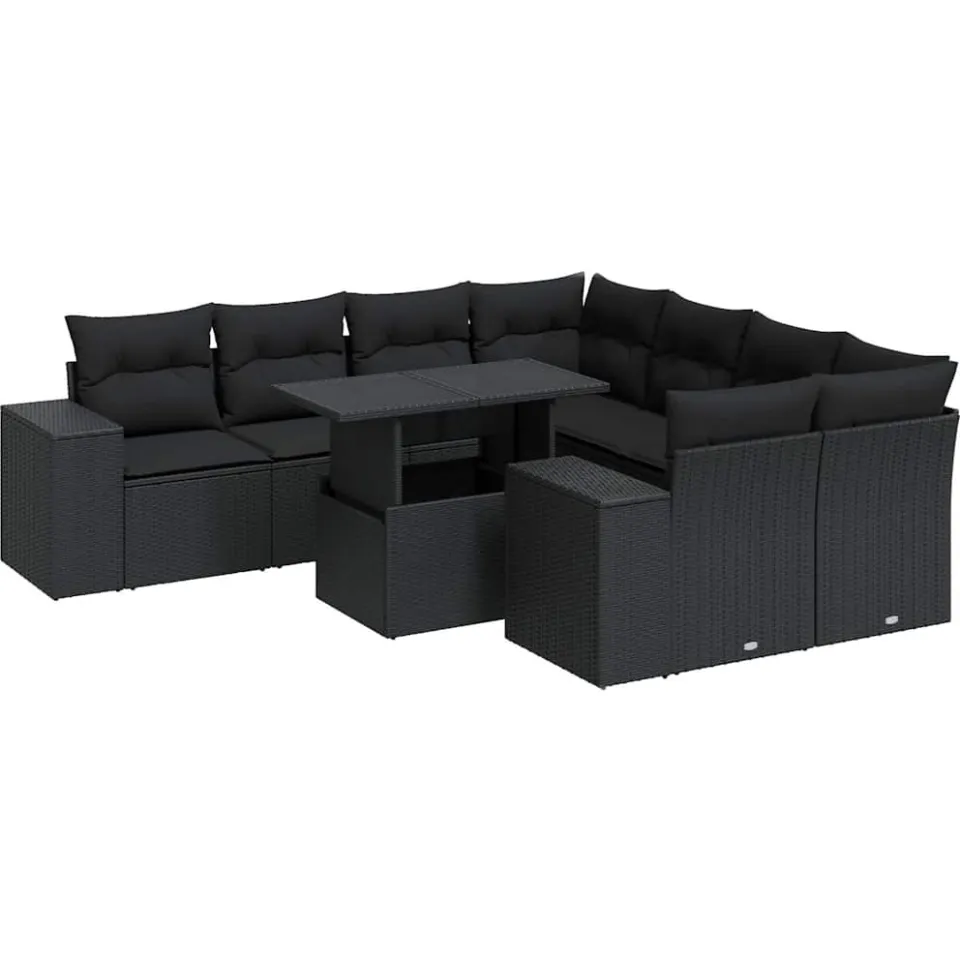 vidaXL 9-delige Loungeset met kussens poly rattan zwart, foto 3