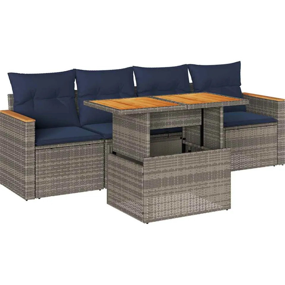 vidaXL 5-delige Loungeset met kussens poly rattan grijs, foto 3