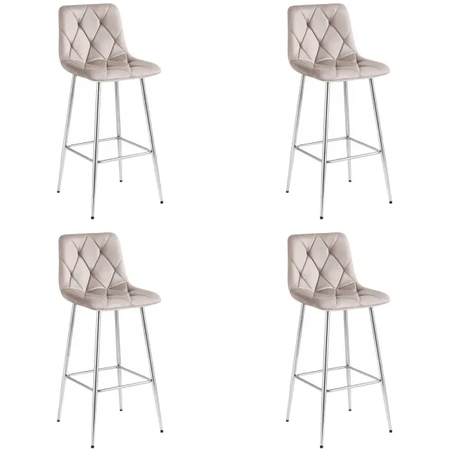 LEOBERT Set van 4 Barkrukken NADO – Donkerbeige Velvet / Fluweel – Gestoffeerde Barstoelen met Rugleuning en Voetsteun – Verchroomde Metalen Poten – Modern Design – Voor Keukeneiland, Keuken, Bartafel en Thuisbar