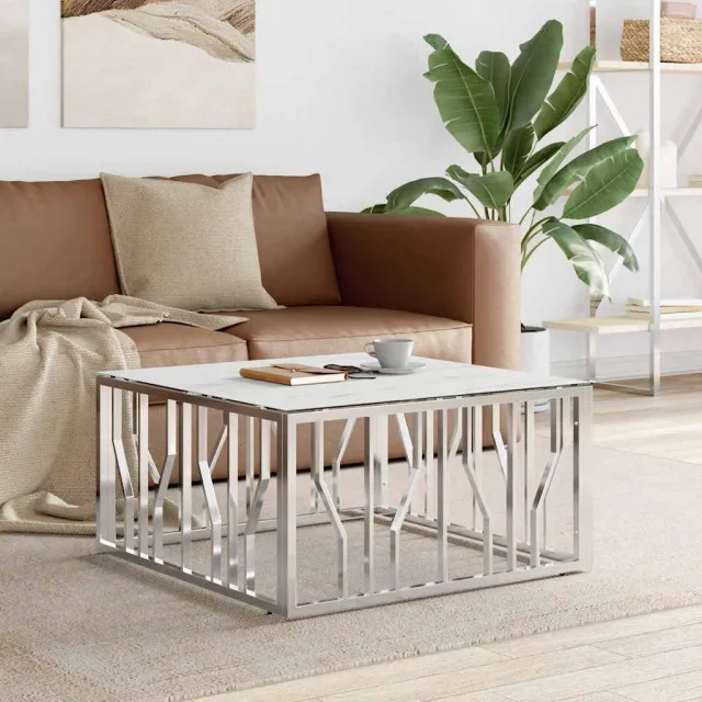 vidaXL Salontafel 80x80x40 cm roestvrij staal en glas zilverkleurig, foto 2