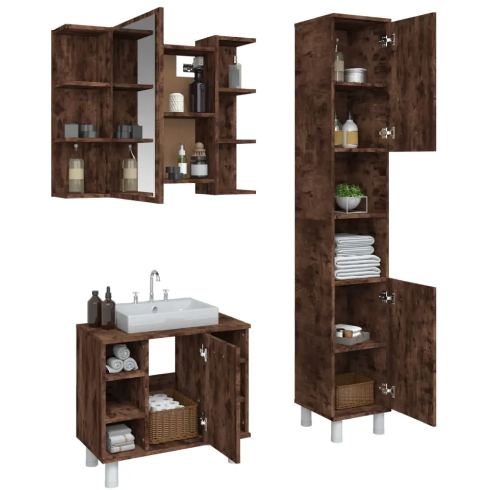 vidaXL 3-delige Badkamermeubelset bewerkt hout gerookt eikenkleurig, foto 3