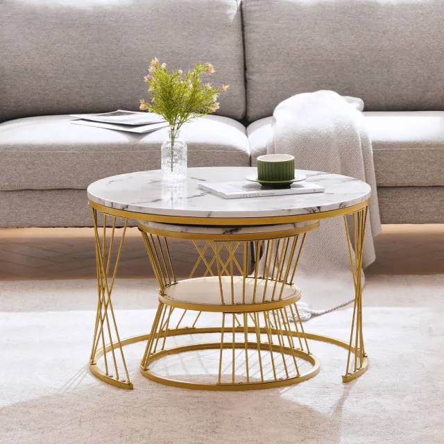 Merax Moderne genestelde salontafels - hoogglans salontafelset - ronde bijzettafel met marmeren afwerking - 2-delige set - gouden frame Wit